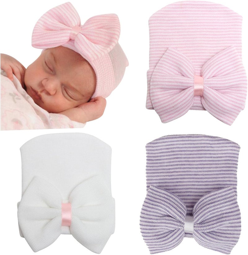 DRESHOW BQUBO Newborn Hospital Hat Infant Baby Hat Cap with Big Bow Soft Cute Knot Nursery Beanie - Image 1